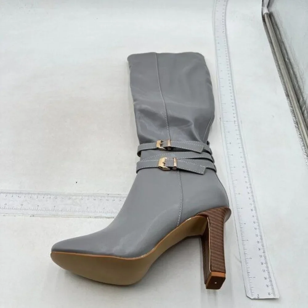 FSJ Women Fashion Knee High Long Boots Pull On Closed Toe Chunky Mid Heel Grey